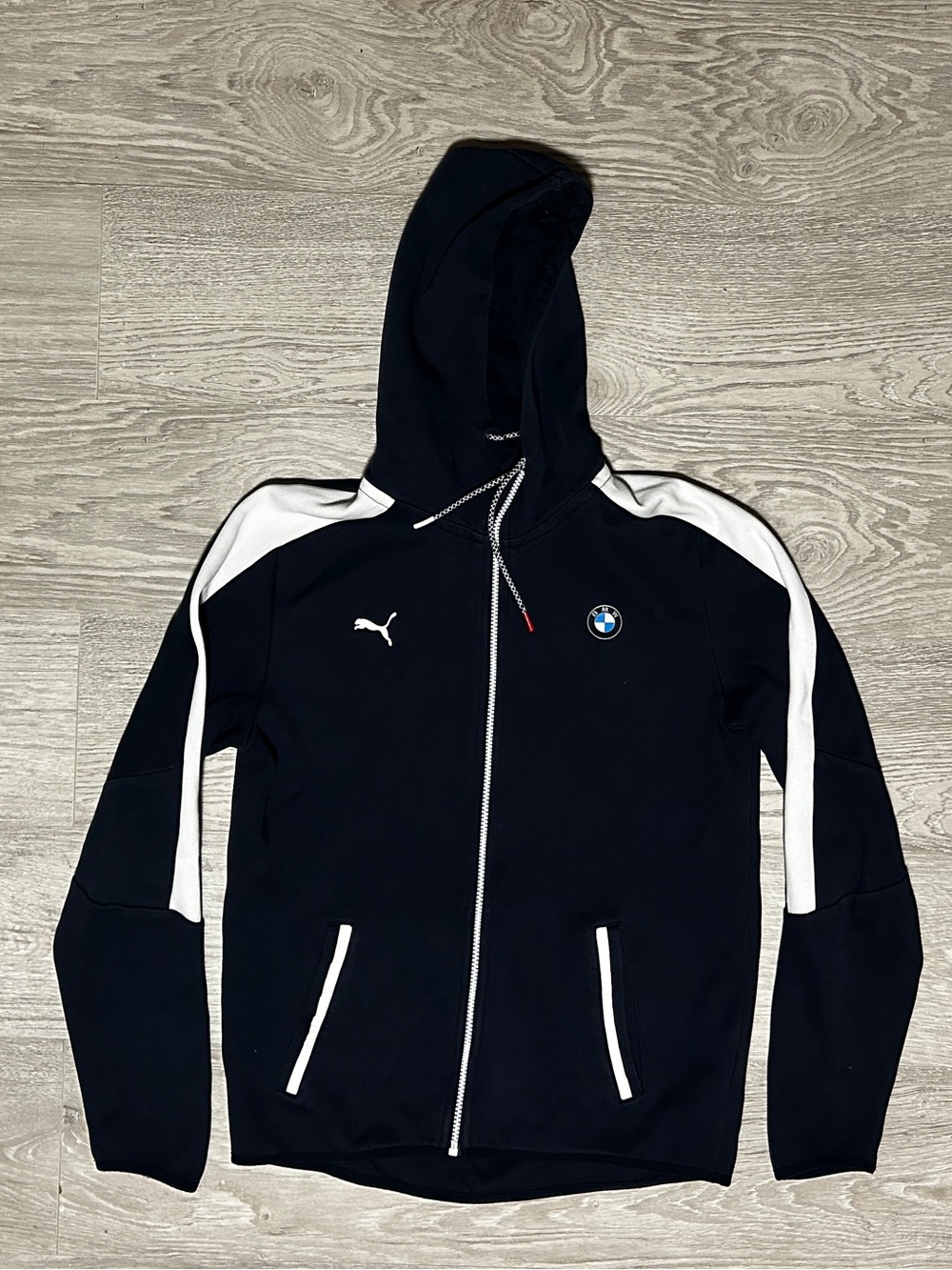 Puma BMW Mens Athletic Graphic Navy and White Hoodie Sweater